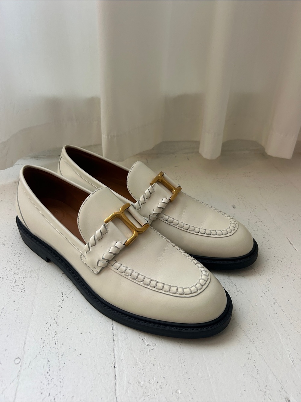 Chloe Cream Leather Loafers with Gold Tone Bit